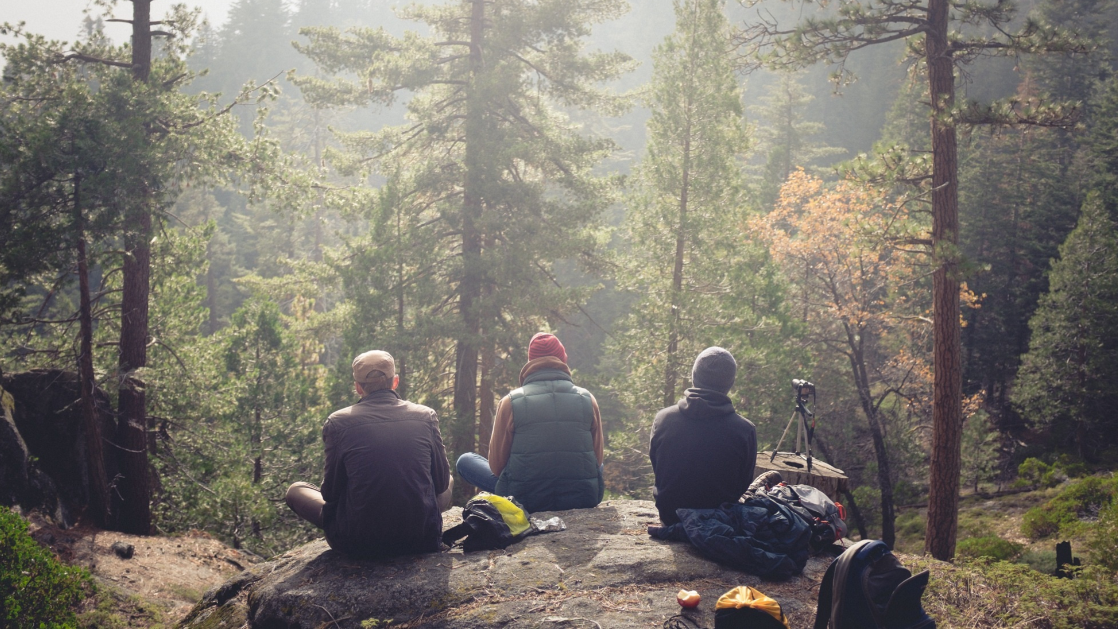 3 men sitting on a mountrain and camera and camping equiptment lookout out at the trees.