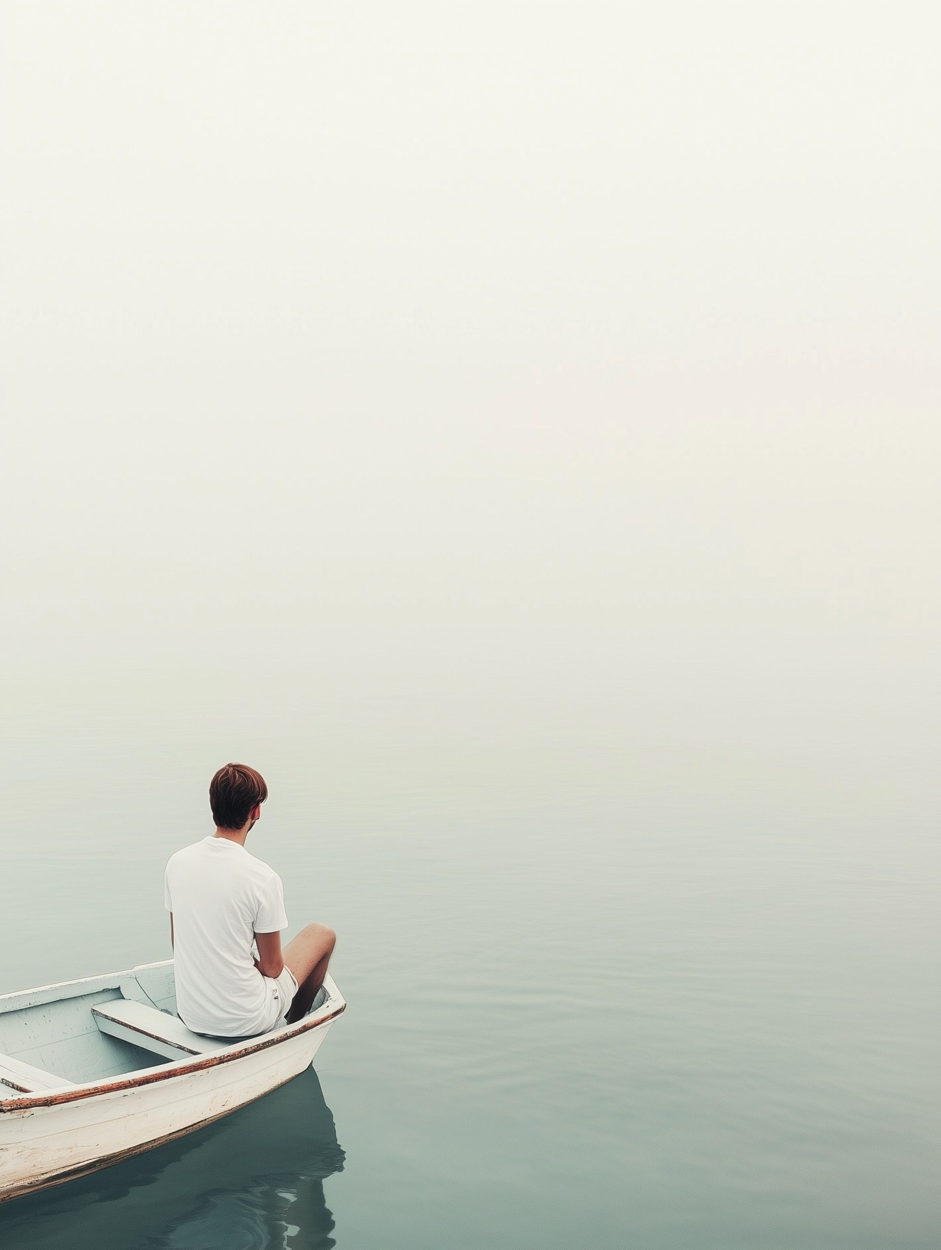 A person in a white shirt sits in a small boat on calm, misty water, evoking a sense of solitude and reflection.