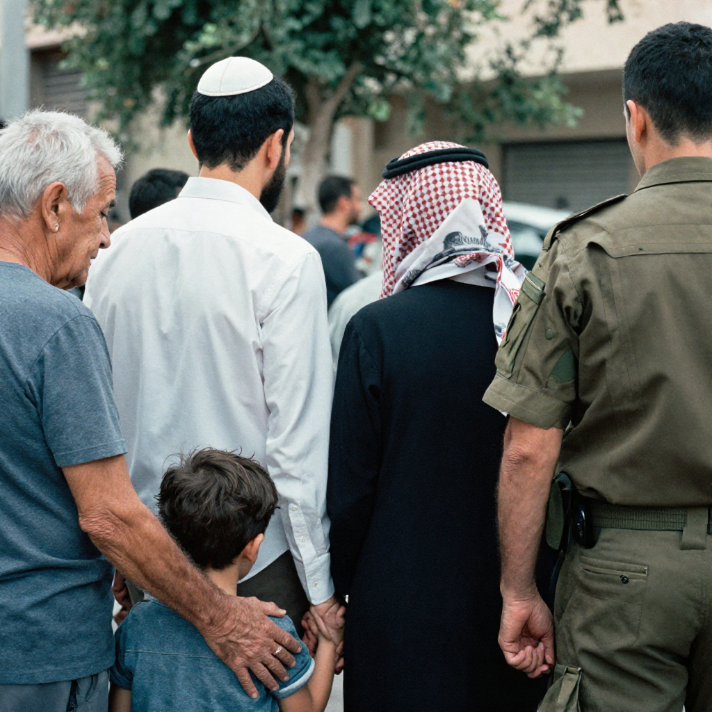 Five individuals stand closely together, including a child held by an older man. Diverse attire suggests cultural variety. Calm atmosphere.