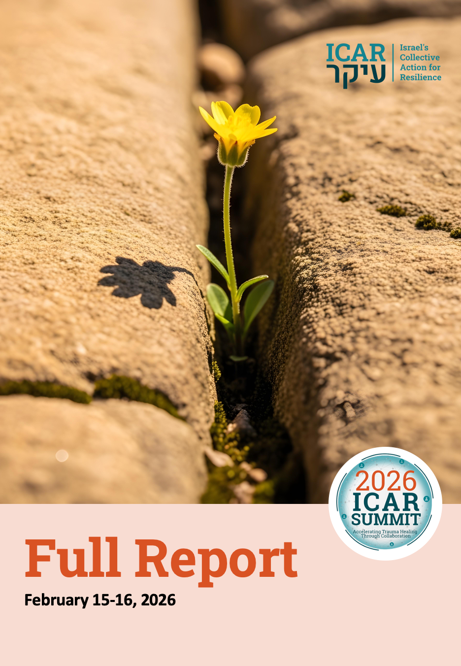 Yellow flower in rock crevice with shadow, under text: "Full Report, February 15-16, 2026." ICAR Summit logo and text visible.